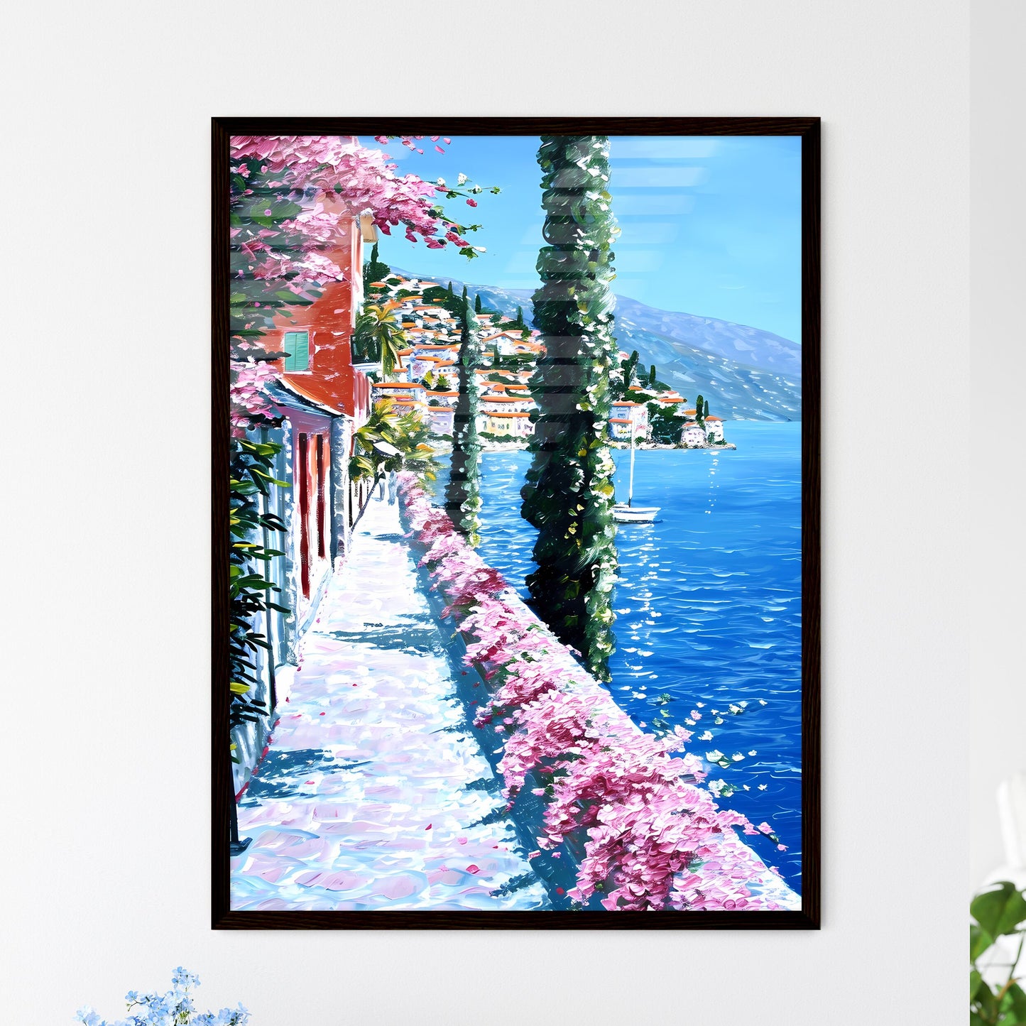 A Poster of impressionistic landscape in Southern France - A Wall With Trees And Flowers On It By A Body Of Water Framed Art