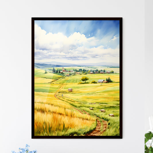 A Poster of A watercolor painting of a farml - Framed Art Print