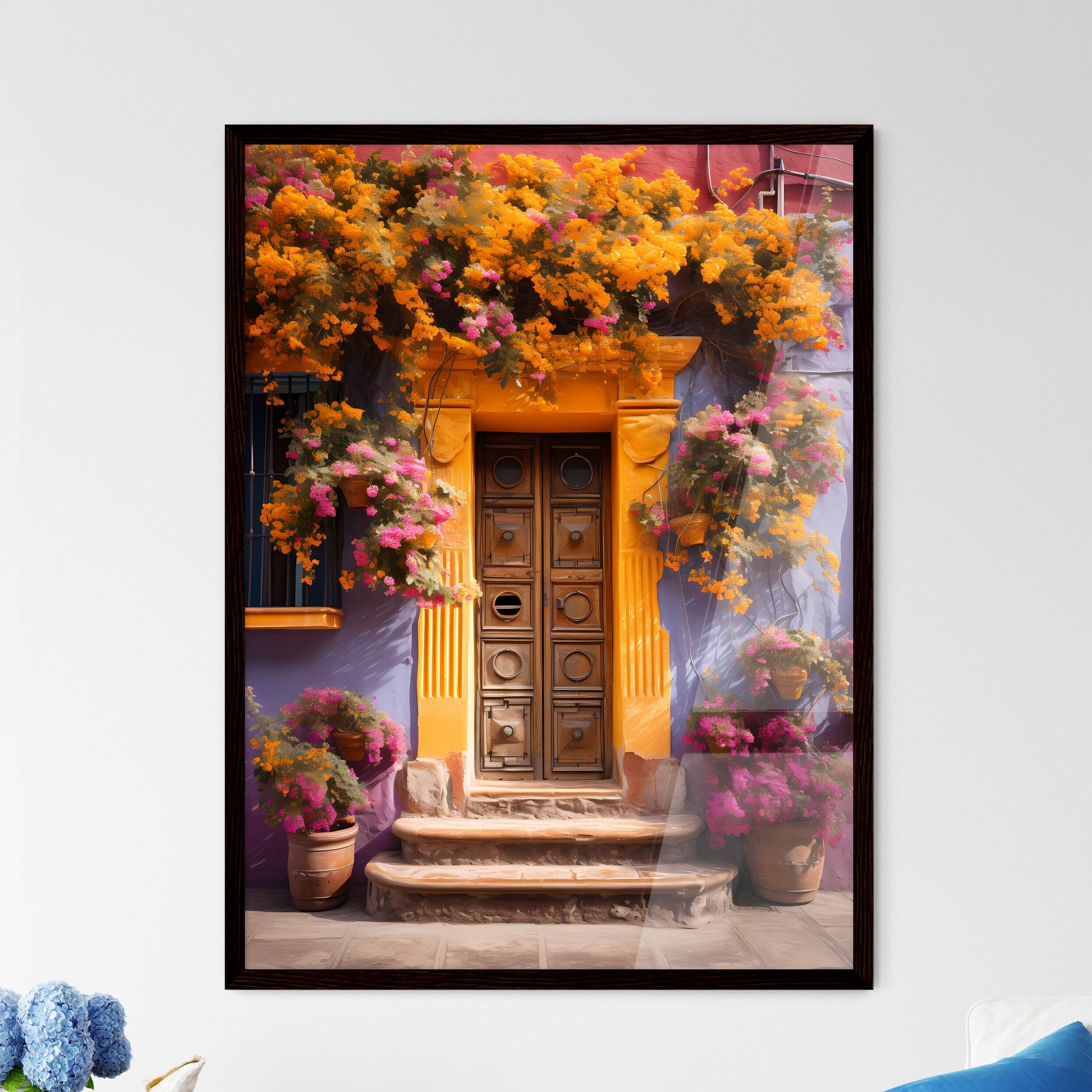 A Poster of San miguel vibrant color combinations - A Door With Flowers On It Framed Art