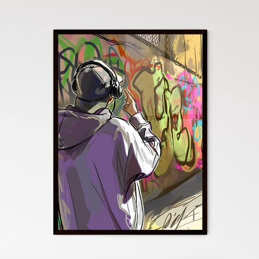 A Poster of two men wearing motobike helmets - A Man Wearing Headphones And A Hoodie Pointing At Graffiti Default Title