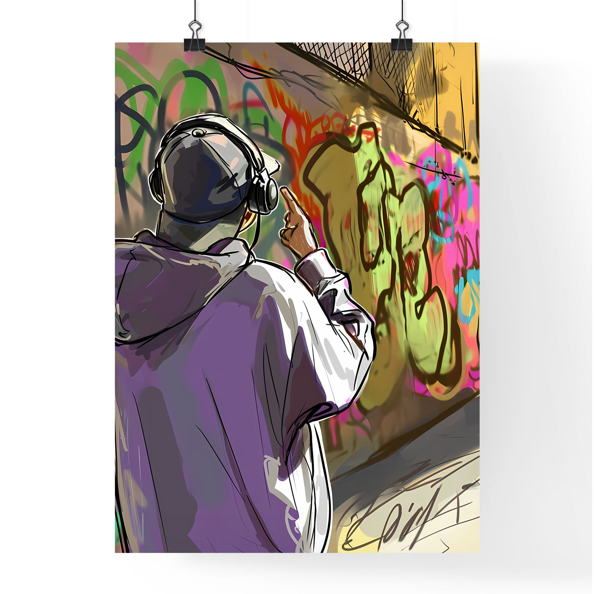 A Poster of two men wearing motobike helmets - A Man Wearing Headphones And A Hoodie Pointing At Graffiti Default Title