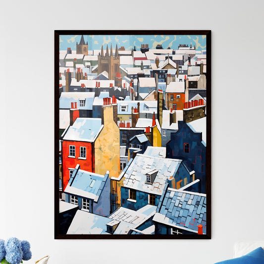 A Poster of snowy urban roofs of london - A Group Of Buildings Covered In Snow Framed Art