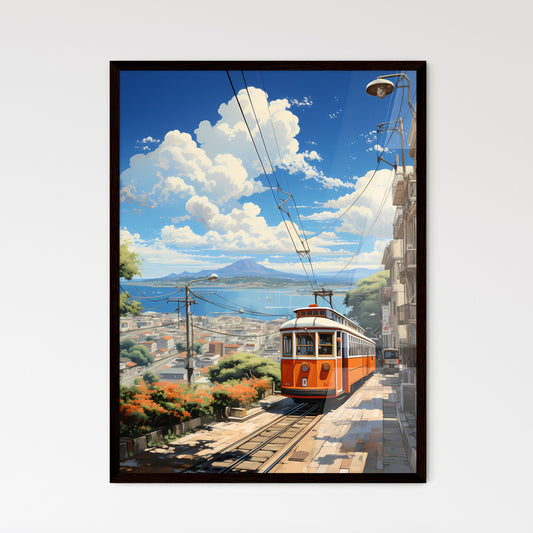 A Poster of the roofs of san francisco - A Trolley On A Track In A City Framed Art