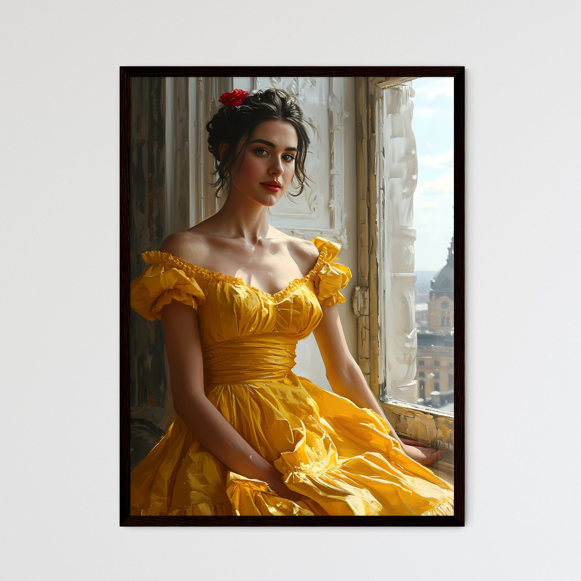 A Poster of painting of woman sitting by the - Framed Art Print