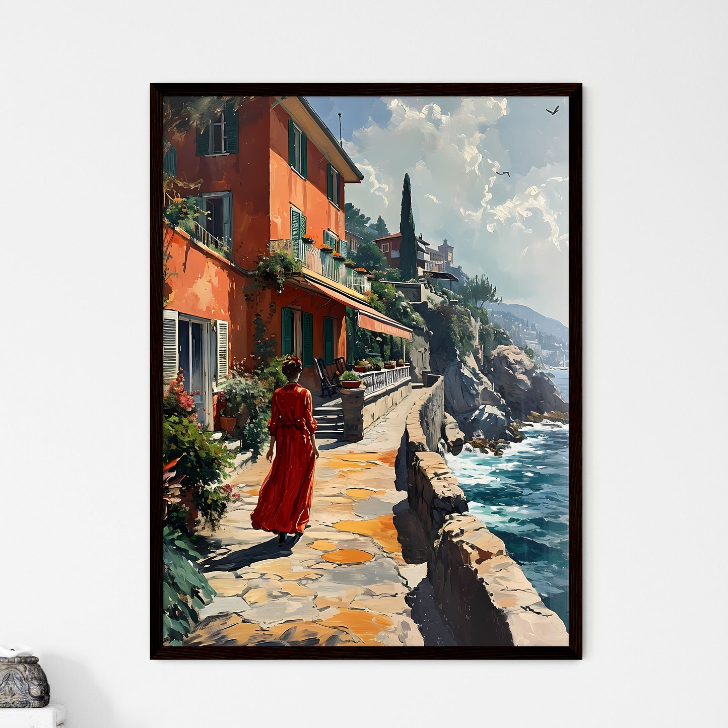 A Poster of Cte-dAzur France - A Woman In A Red Dress Walking Down A Sidewalk By A Body Of Water Default Title