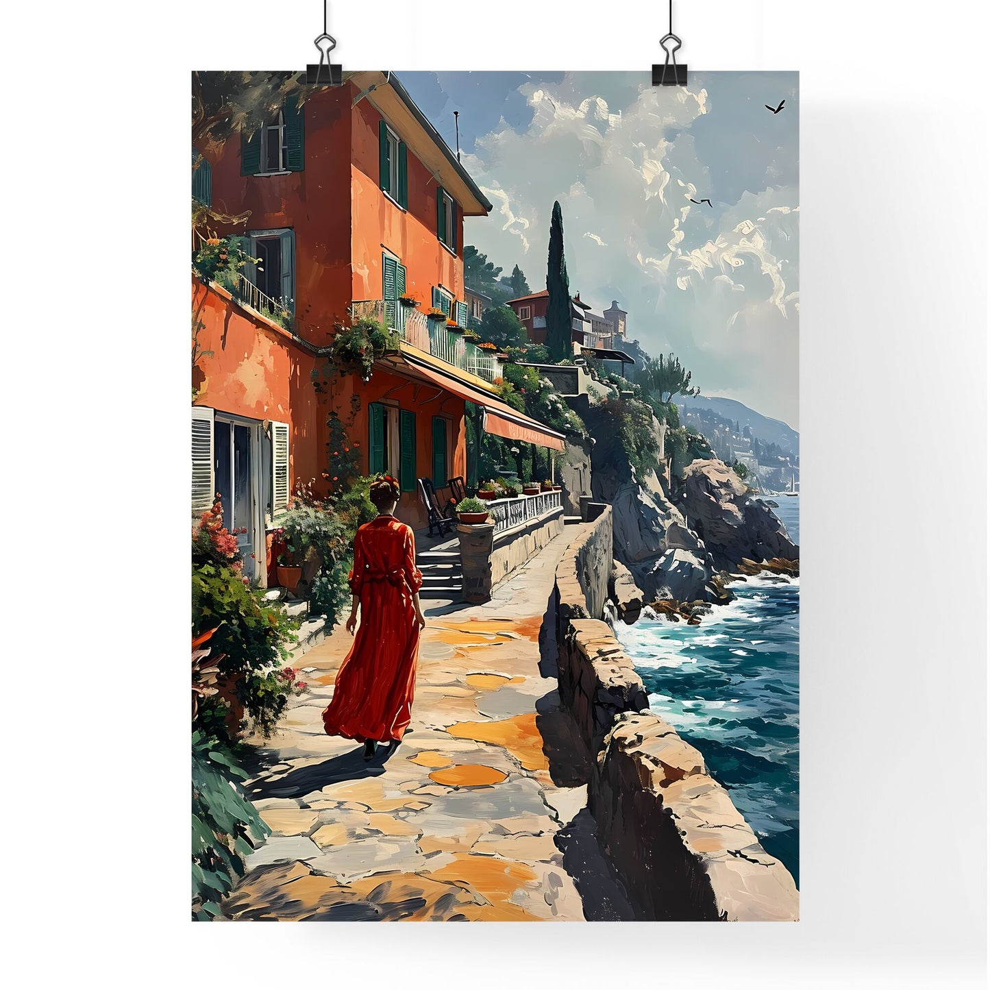 A Poster of Cte-dAzur France - A Woman In A Red Dress Walking Down A Sidewalk By A Body Of Water Default Title