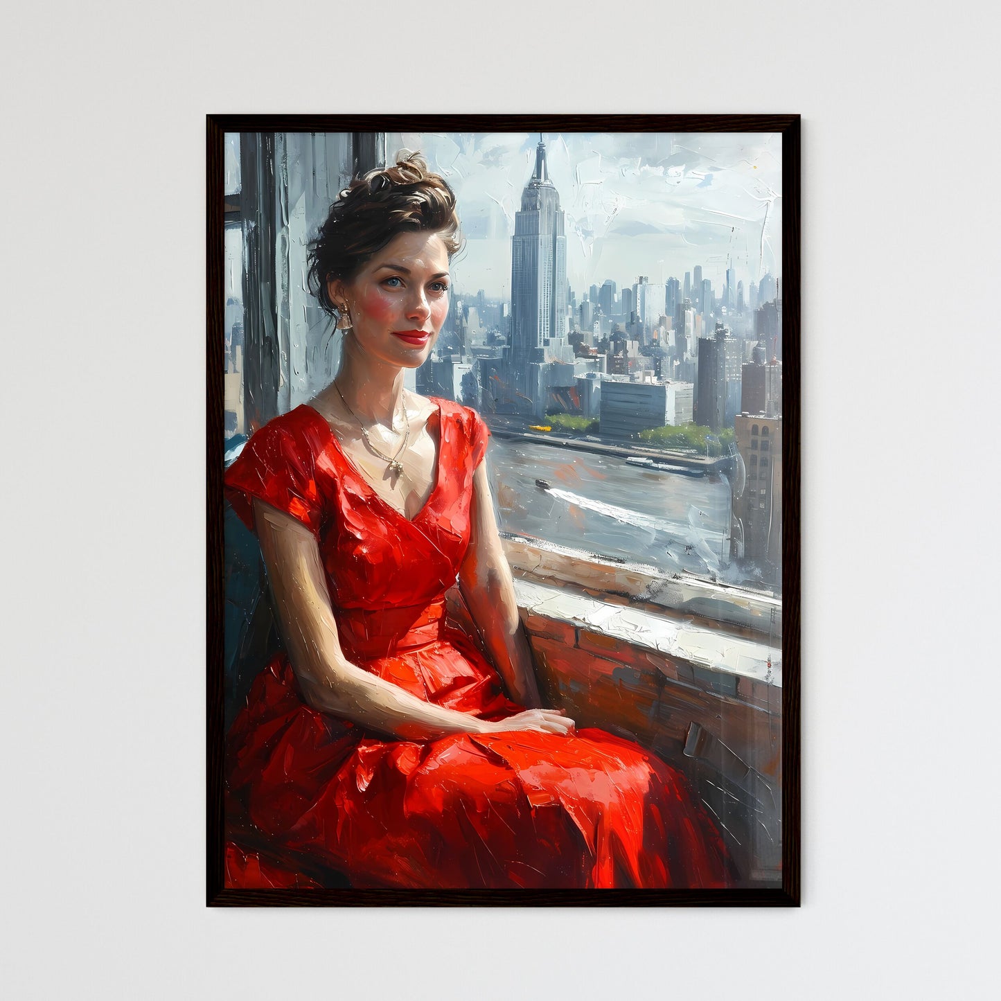 A Poster of painting of woman sitting by the window - A Woman In A Red Dress Sitting By A Window Framed Art