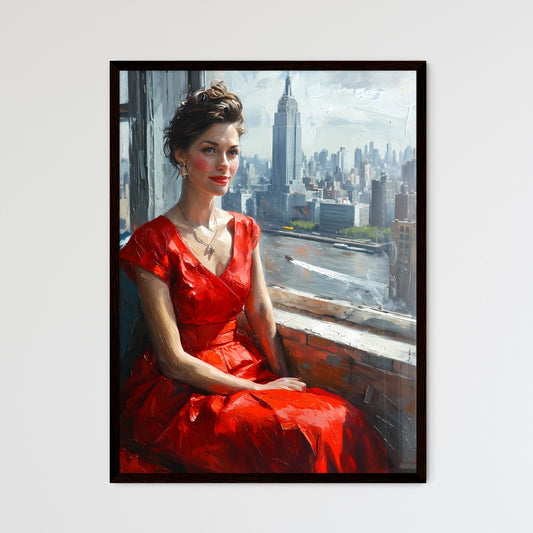 A Poster of painting of woman sitting by the window - A Woman In A Red Dress Sitting By A Window Framed Art