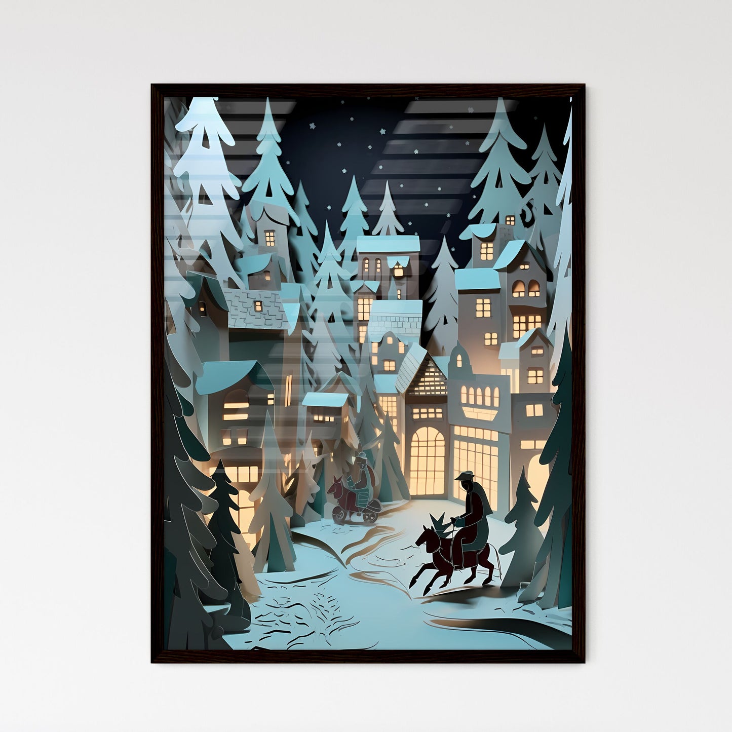 A Poster of paper art paper cut animation - A Paper Cut Out Of A Town With Houses And A Man Riding A Horse Framed Art
