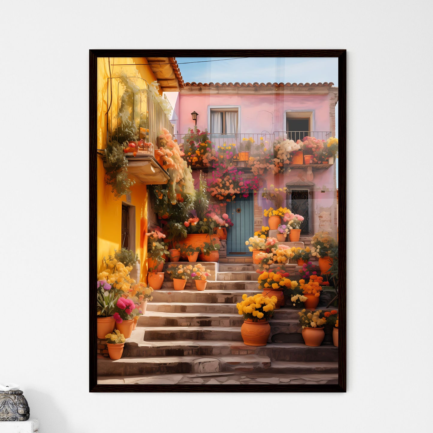 A Poster of San miguel vibrant color combinations - A House With Many Pots Of Flowers Framed Art