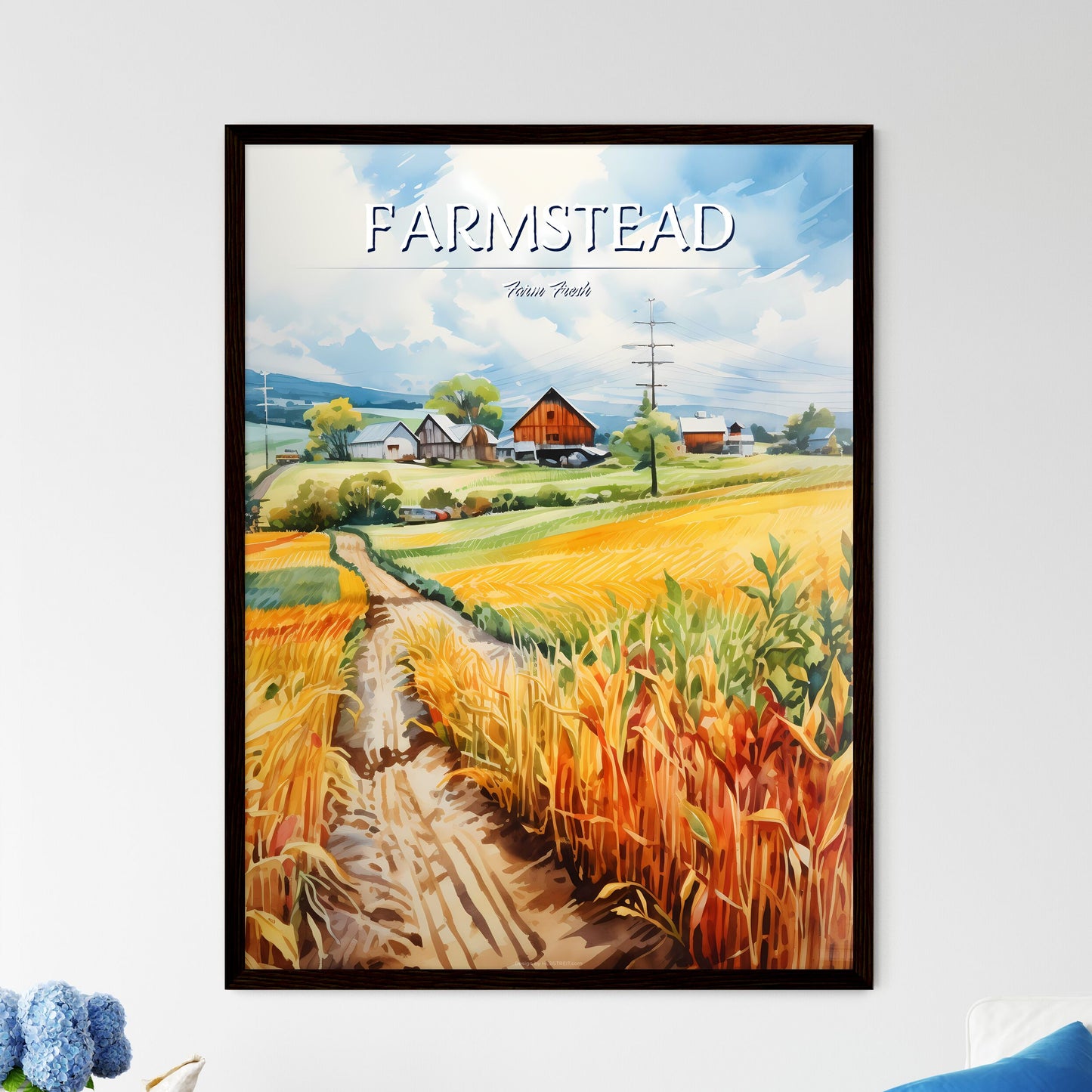 A Poster of A watercolor painting of a farml - Framed Art Print