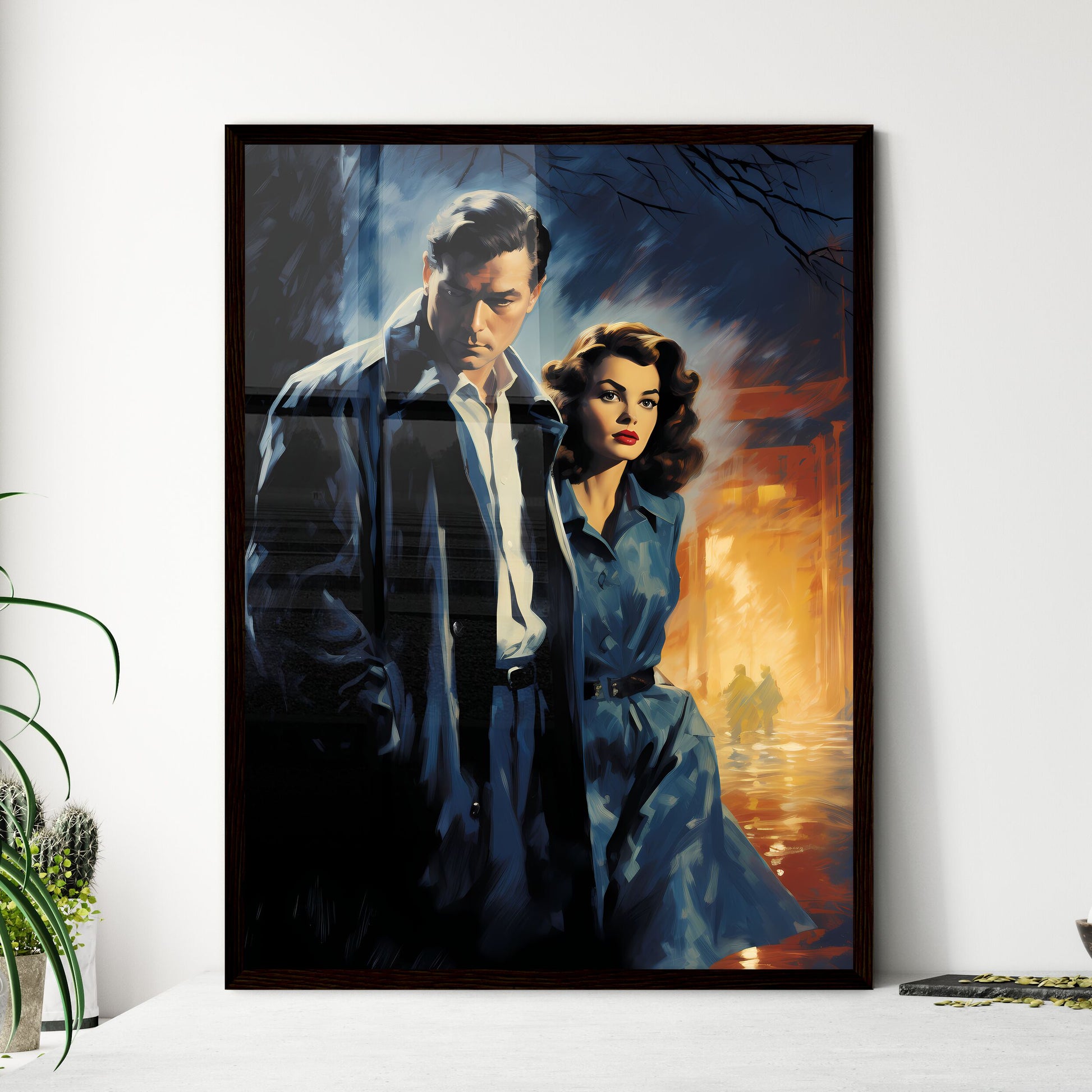 A Poster of 1940s pulp-noir style - A Man An - Framed Art Print