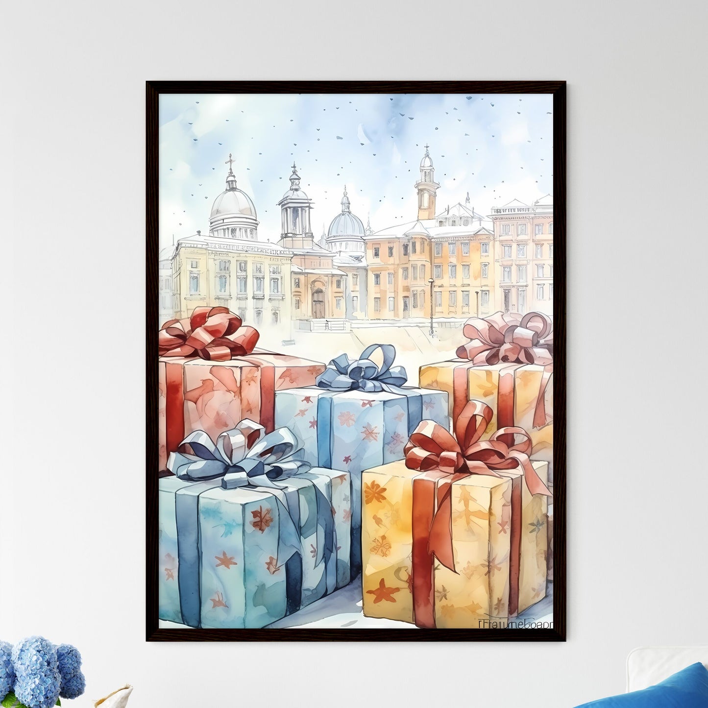 A Poster of Christmas and Holiday Gifts on Snow - A Group Of Wrapped Presents With Bows Framed Art