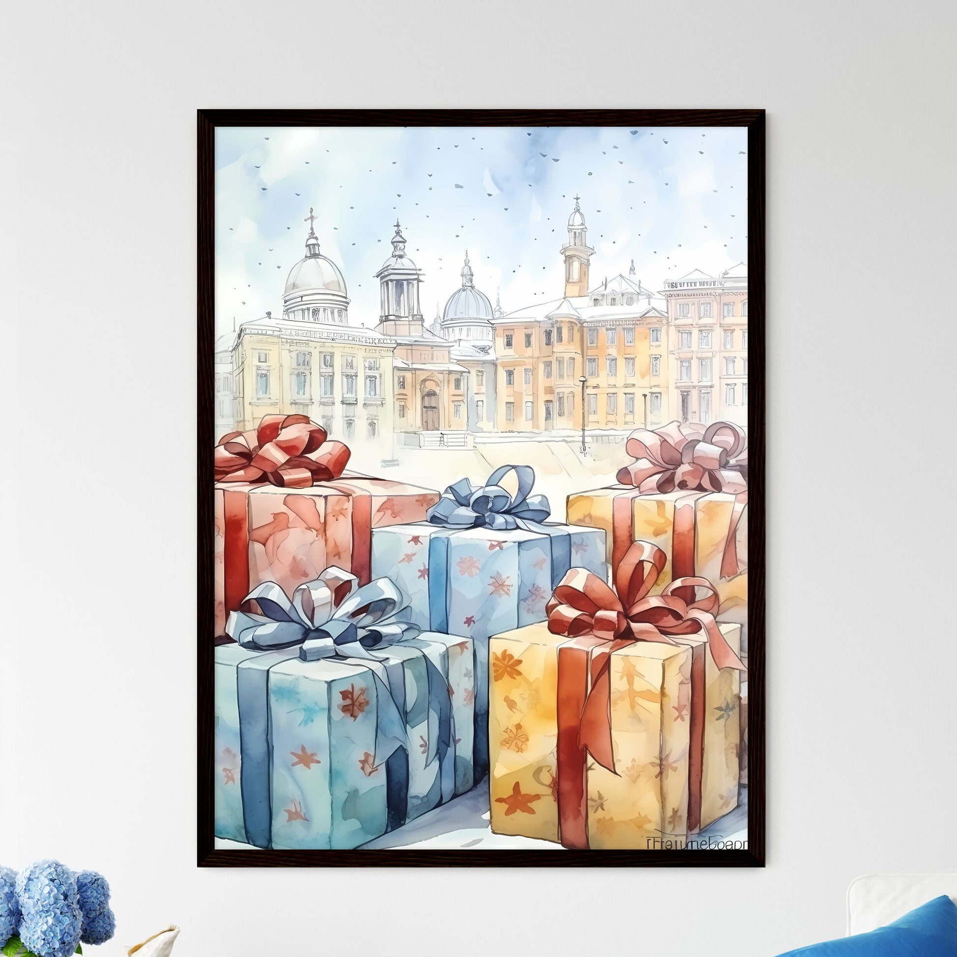 A Poster of Christmas and Holiday Gifts on Snow - A Group Of Wrapped Presents With Bows Framed Art