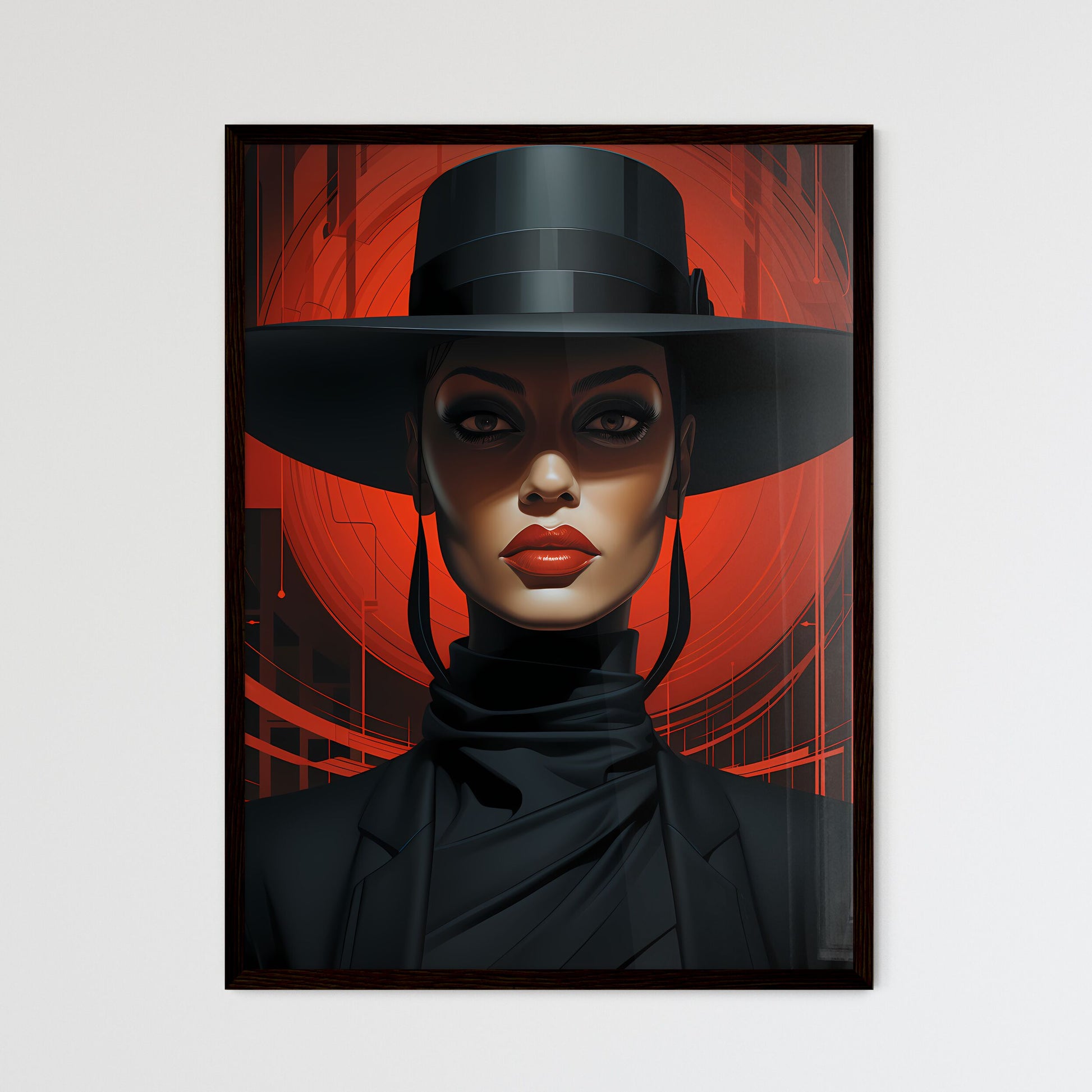 A Poster of a woman wearing a black and red  - Framed Art Print