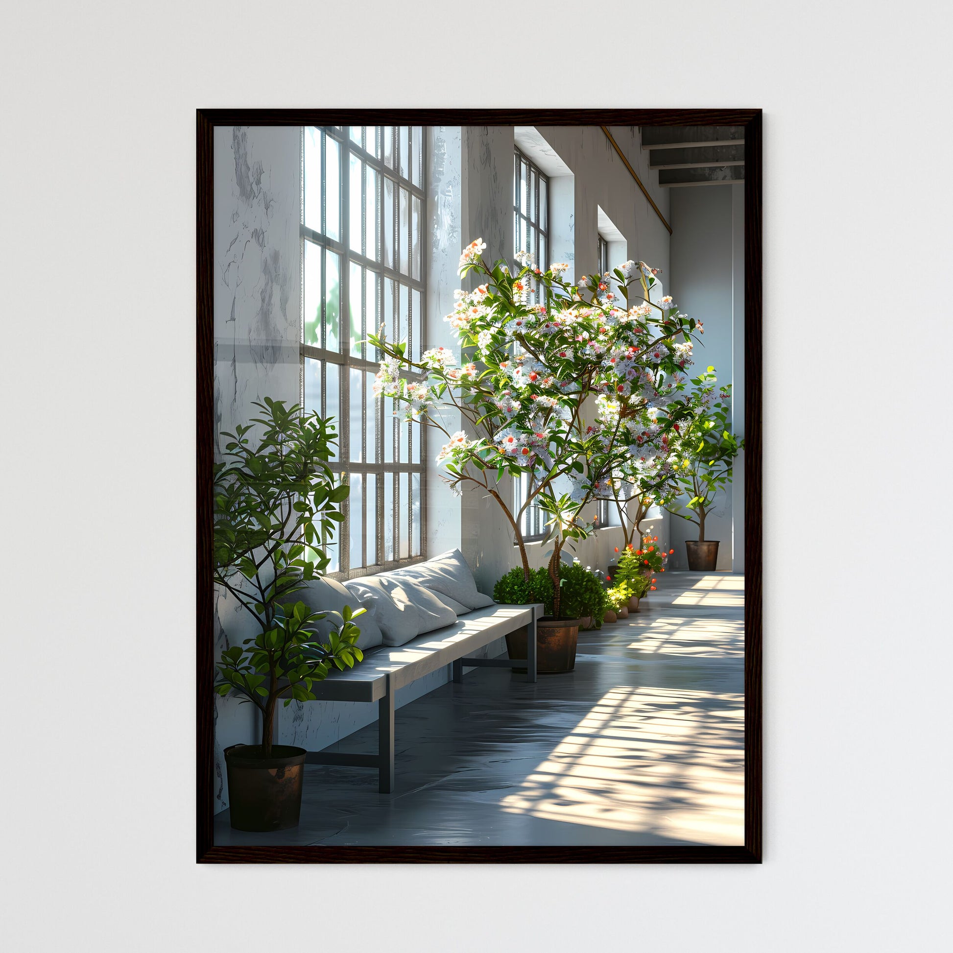 A Poster of Modern and simple ins style product photography background - A Long Room With A Bench And Potted Trees Framed Art