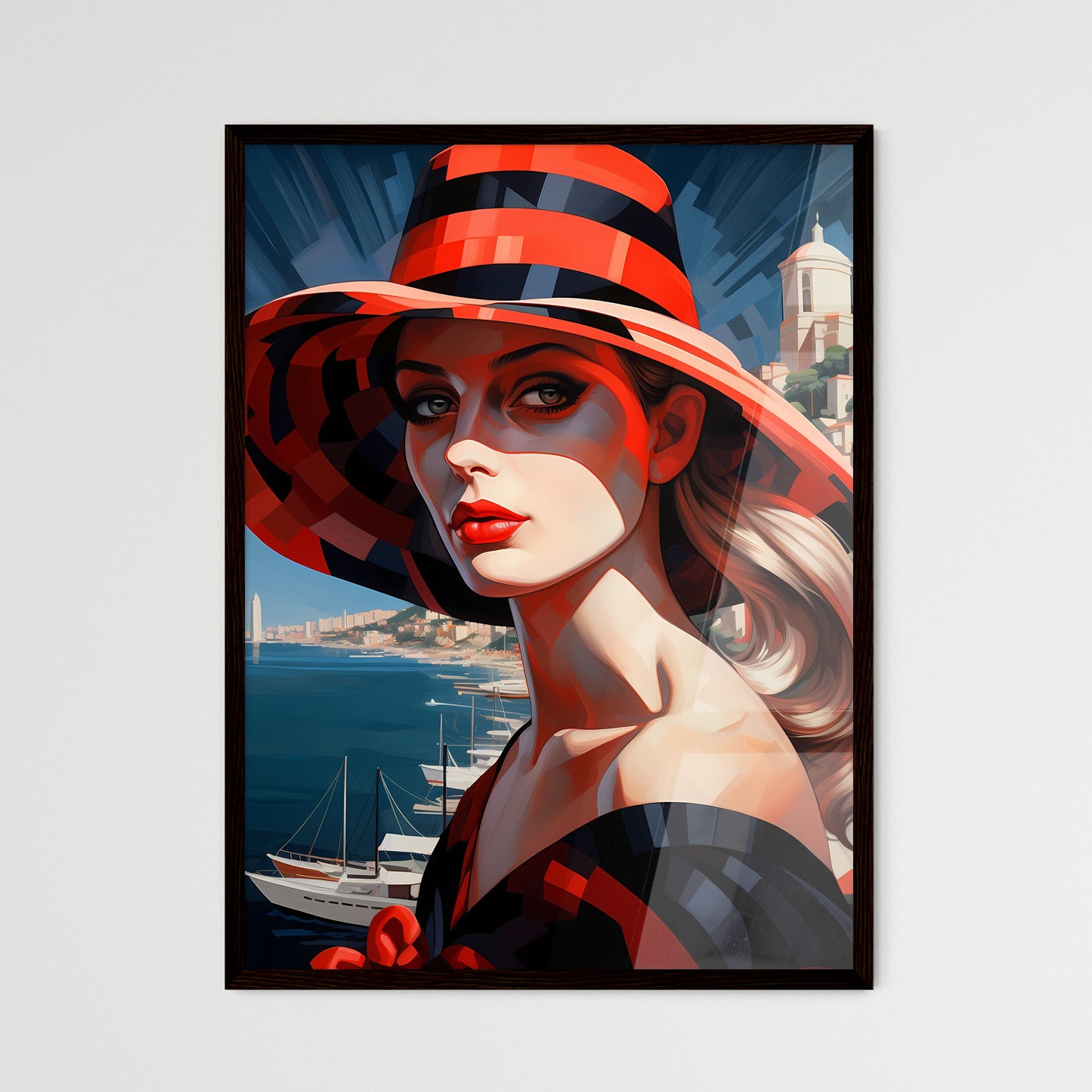A Poster of a woman wearing a black and red  - Framed Art Print