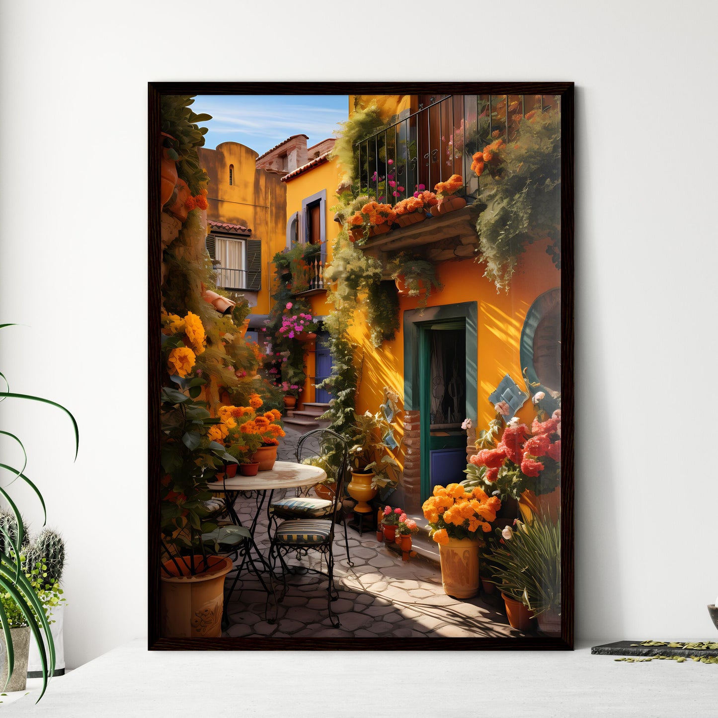 A Poster of San miguel vibrant color combinations - A Courtyard With Flowers And Plants Framed Art