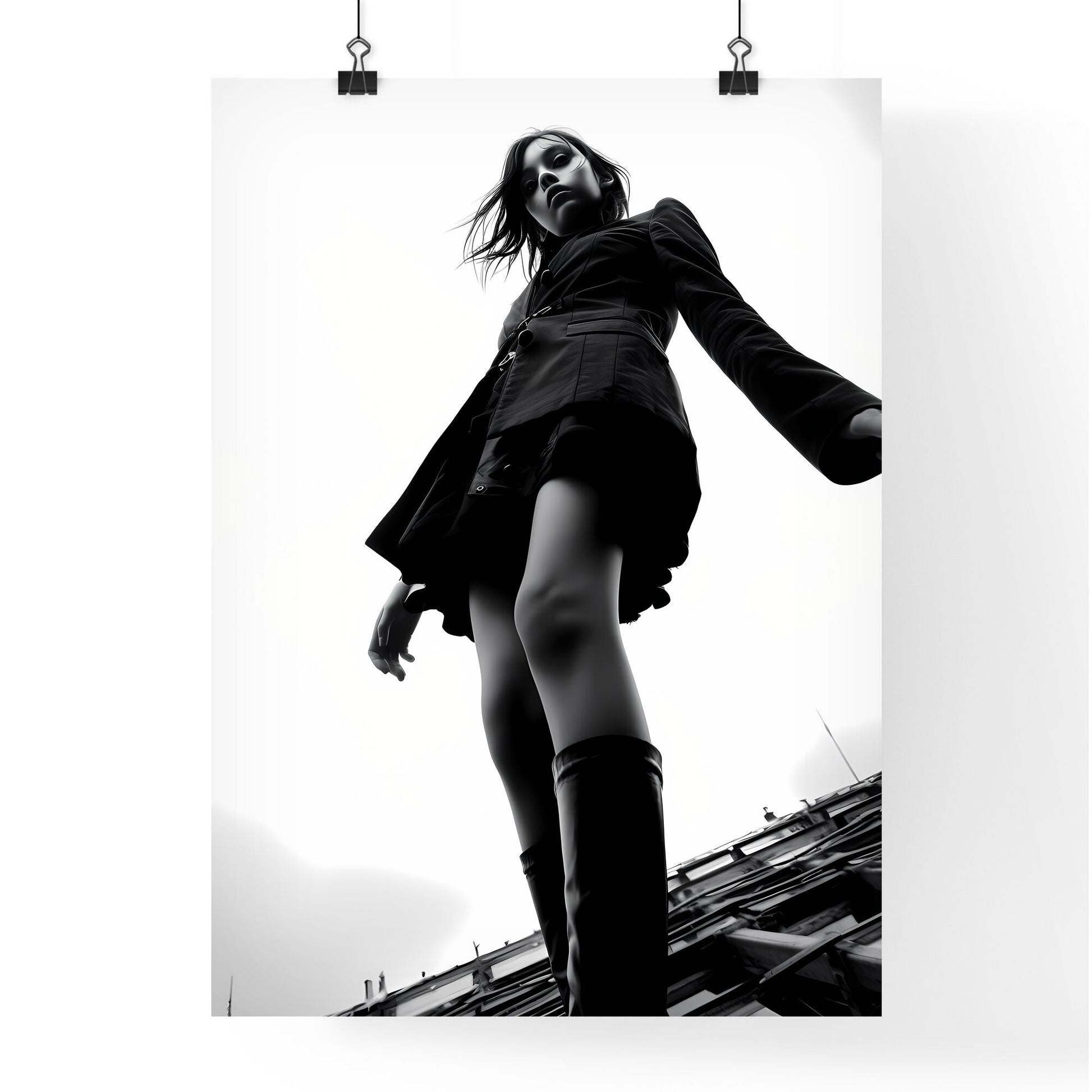 A Poster of girl model shooting low angle shot - A Woman Standing On A Roof Default Title