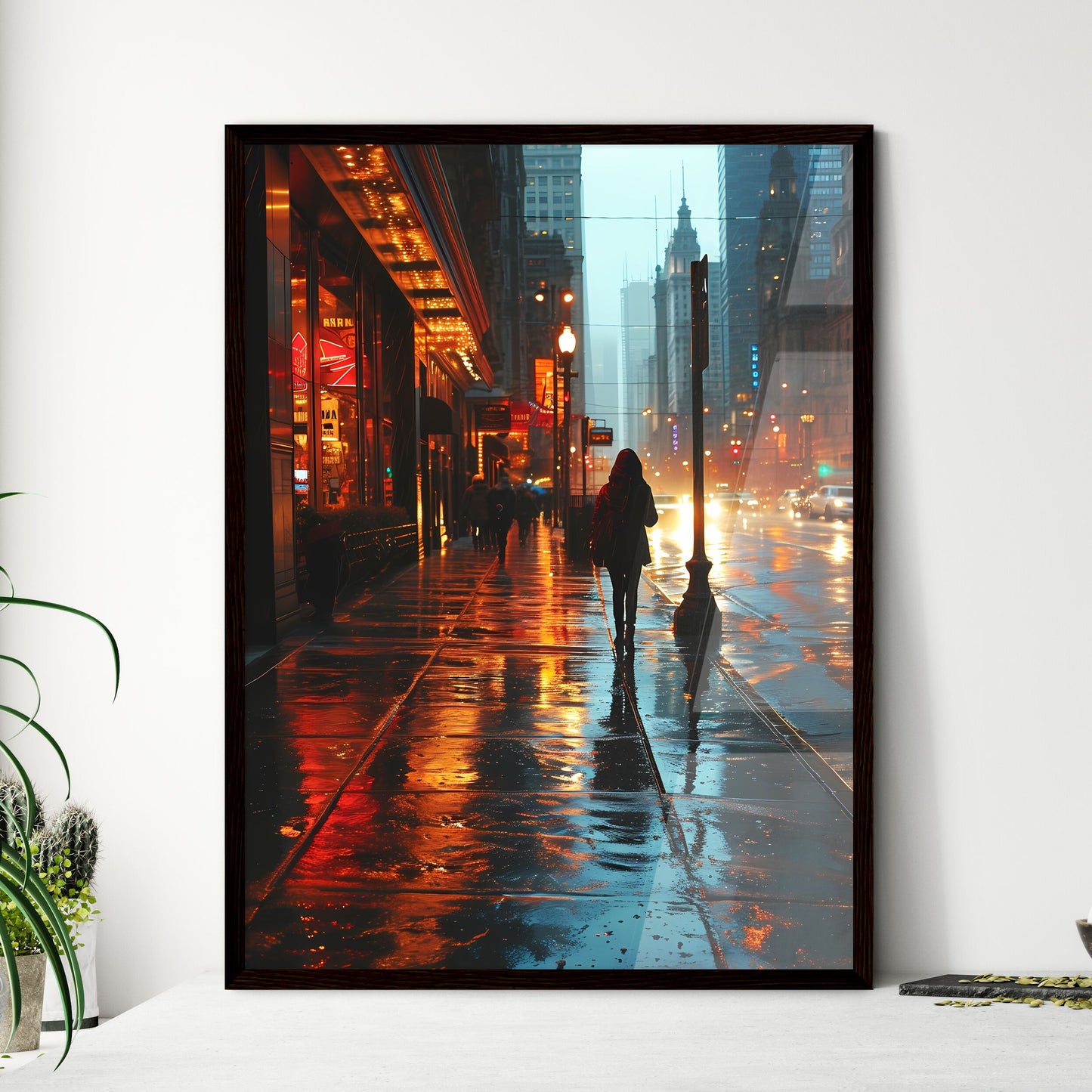 A Poster of shes walking down the sidewalk - A Person Walking On A Wet Sidewalk In A City Framed Art