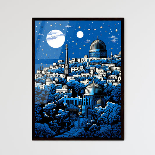 A Poster of outline the city of Jerusalem - A Cityscape With A Dome And Trees Framed Art