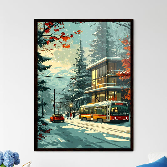 A Poster of two people are skiers in the snow - A Train And Cars On A Snowy Road Framed Art
