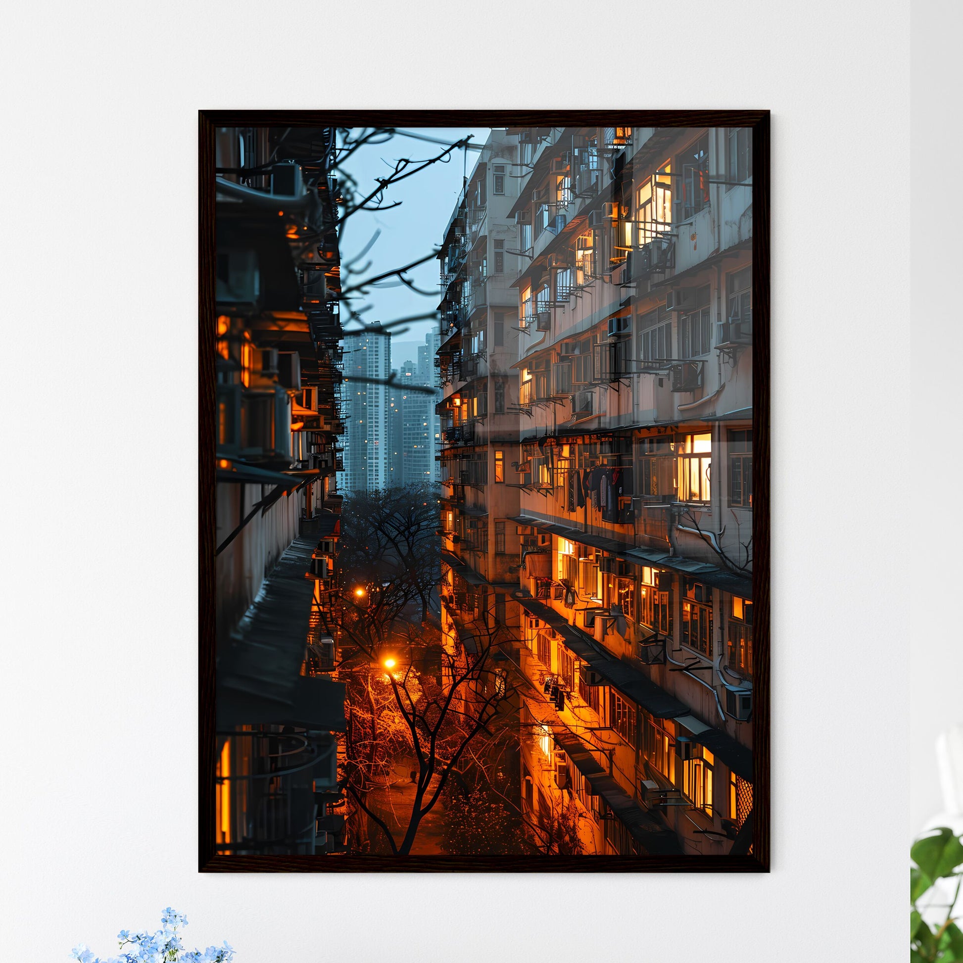 A Poster of a straight facade of a big aparment block building - A Building With Many Windows And Lights Framed Art