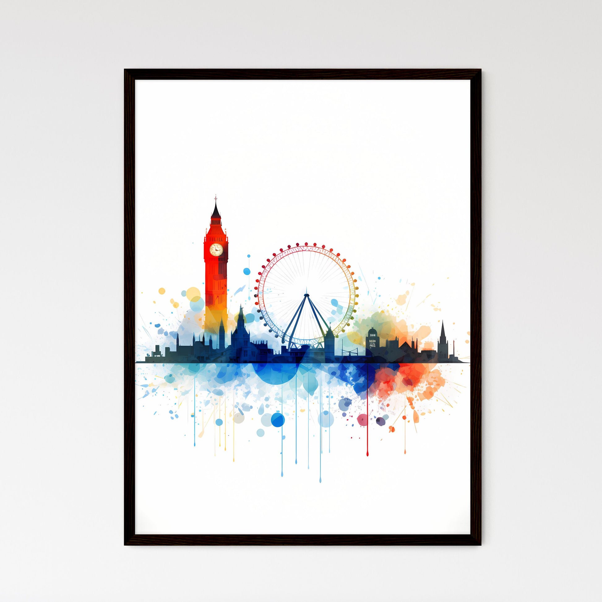 A Poster of minimalist london skyline - A Colorful Skyline With A Clock Tower And A Ferris Wheel Framed Art