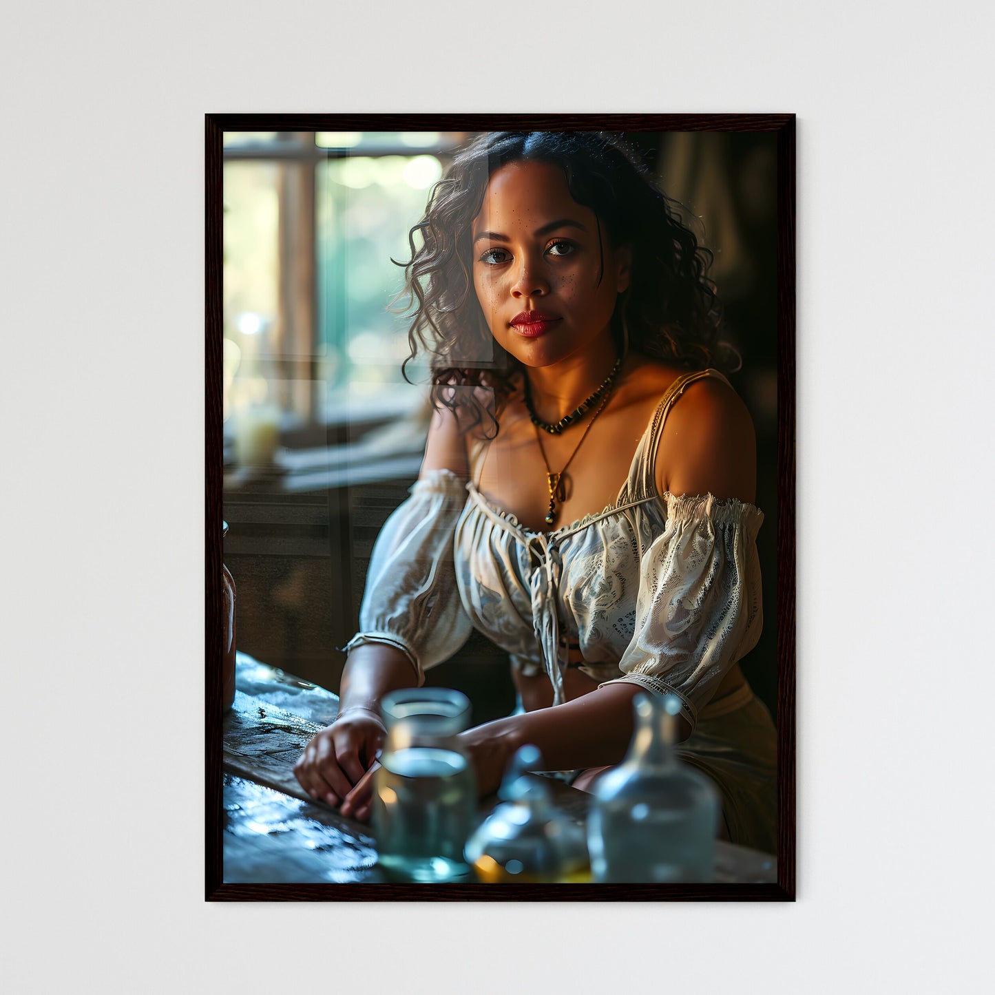 A Poster of a beautiful woman sitting poolside - A Woman Sitting At A Table Default Title