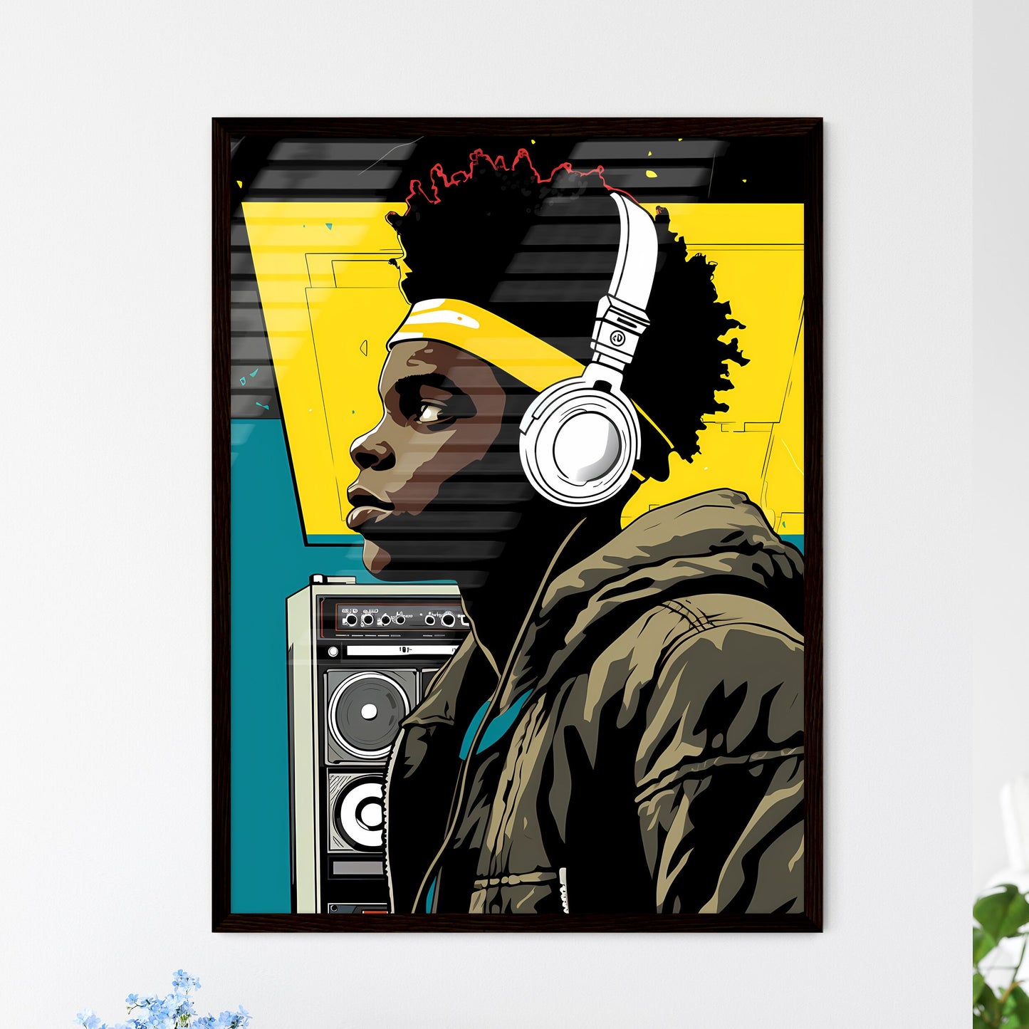 A Poster of a black teenager listening - A M - Framed Art Print