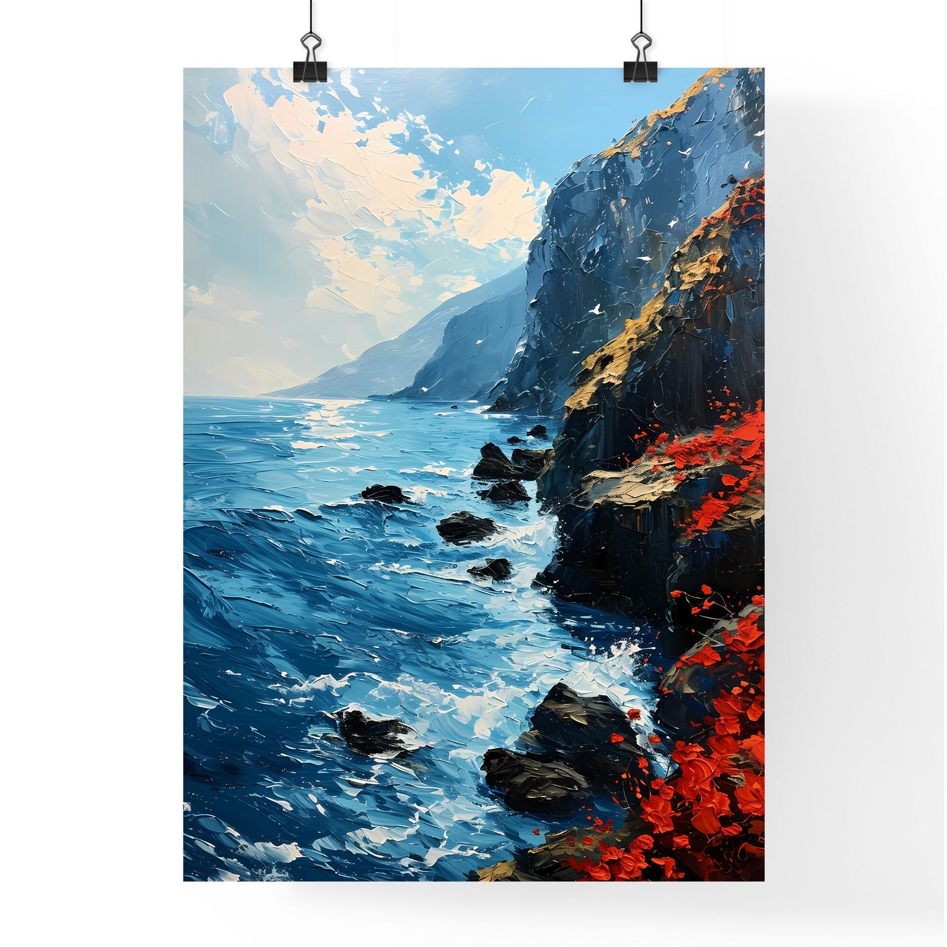 A Poster of flowers - A Painting Of A Rocky Cliff Side By The Ocean Default Title