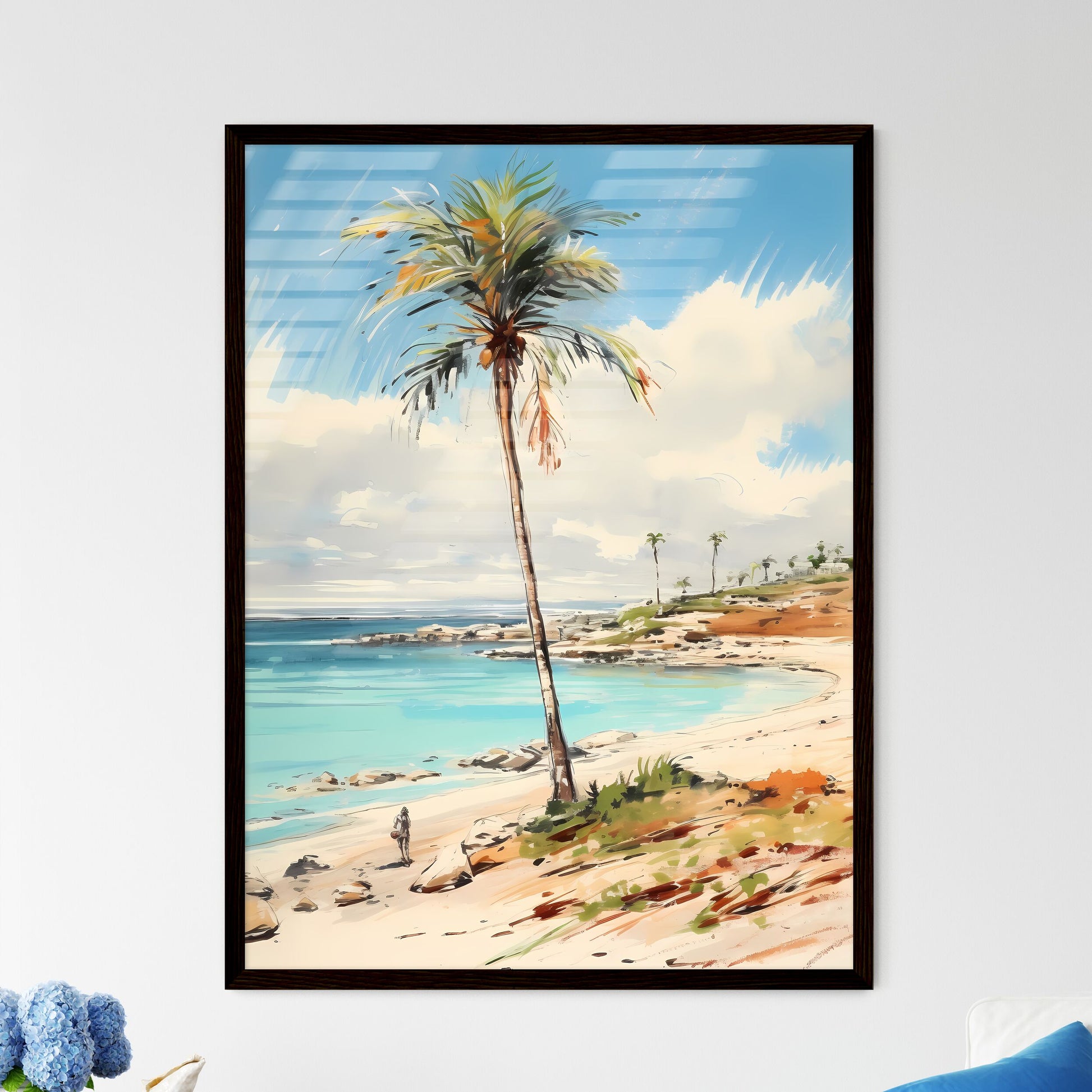 A Poster of desert tropical beach with palm  - Framed Art Print