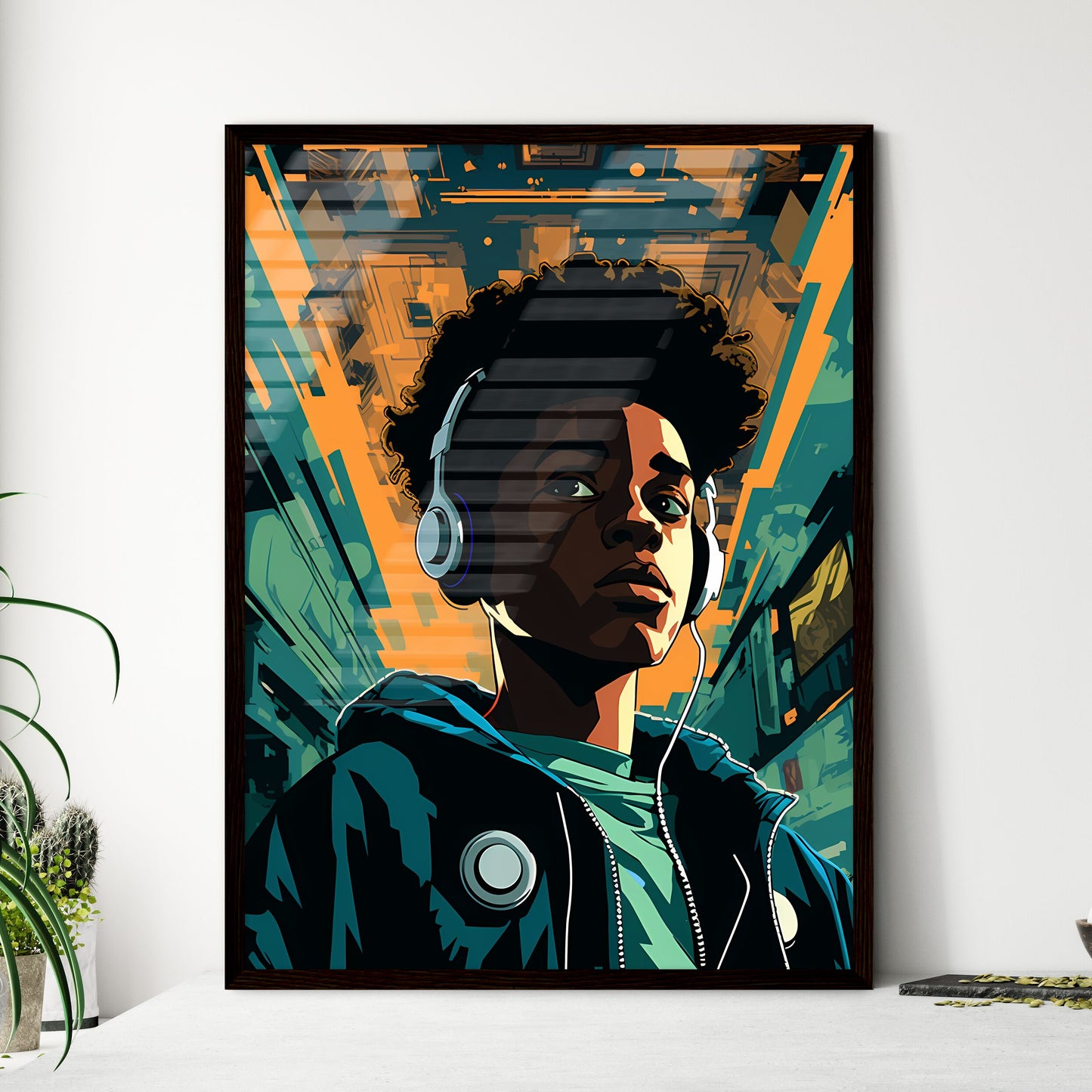 A Poster of a black teenager listening  Framed Print