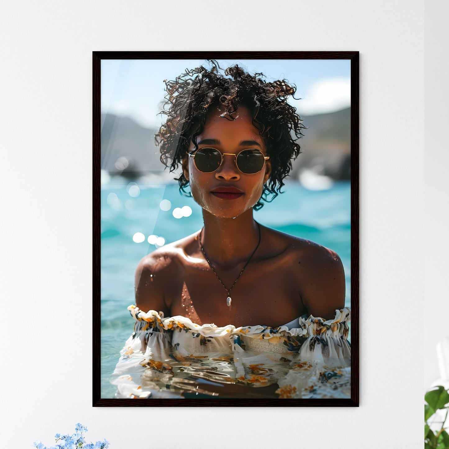 A Poster of a beautiful woman sitting poolsi - Framed Art Print