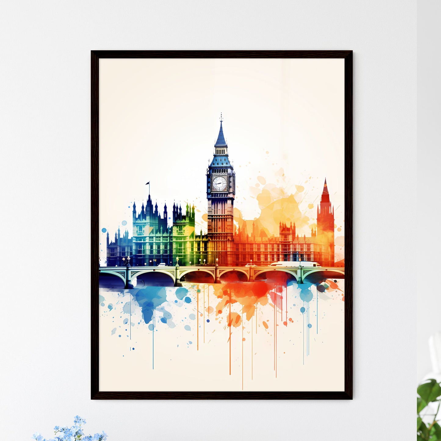 A Poster of minimalist london skyline - A Colorful Painting Of A Building With A Clock Tower Framed Art