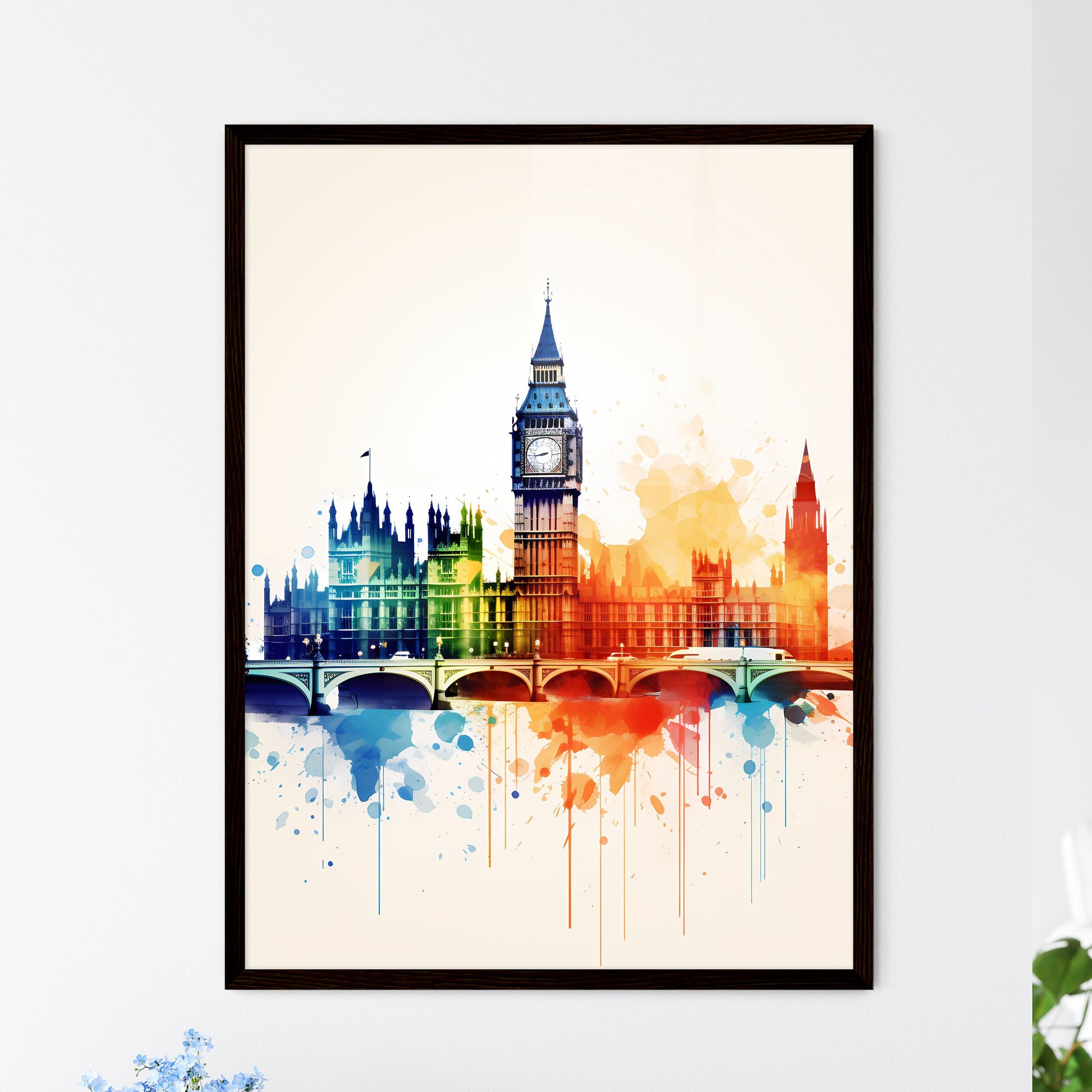 A Poster of minimalist london skyline - A Colorful Painting Of A Building With A Clock Tower Framed Art