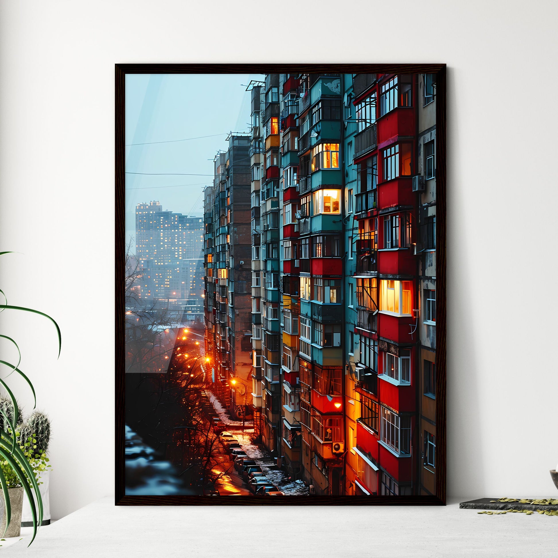 A Poster of a straight facade of a big aparment block building - A Multi-Story Building With Many Windows Framed Art