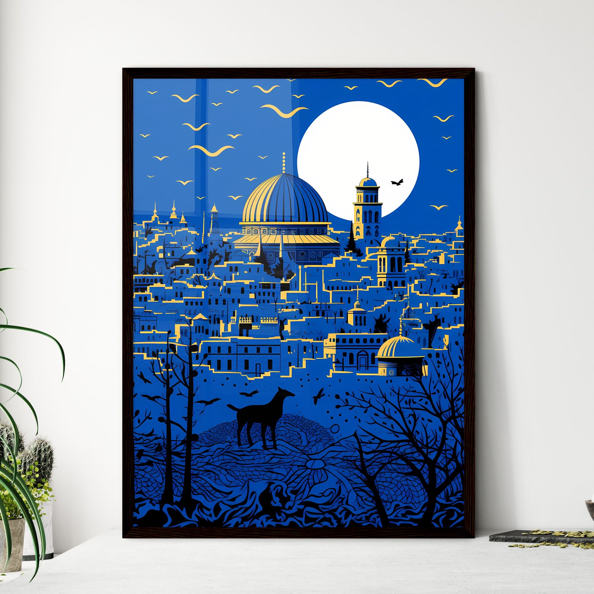 A Poster of outline the city of Jerusalem - A City With A Dome And A Building With Birds And A Moon Framed Art