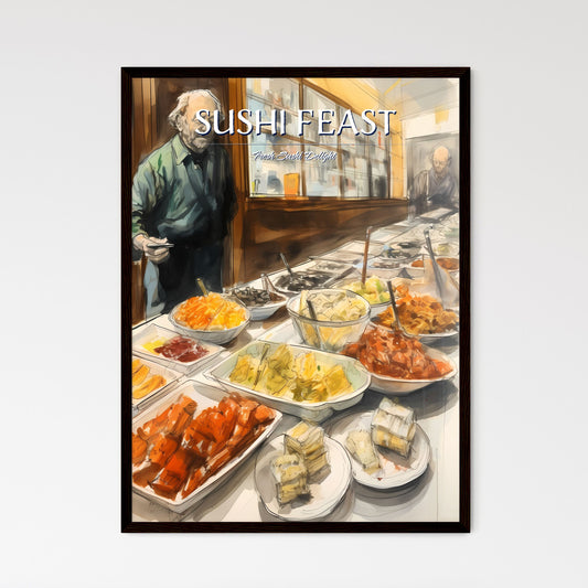 A Poster of sushi food drawing - A Man Standing In Front Of A Buffet Table Full Of Food Default Title