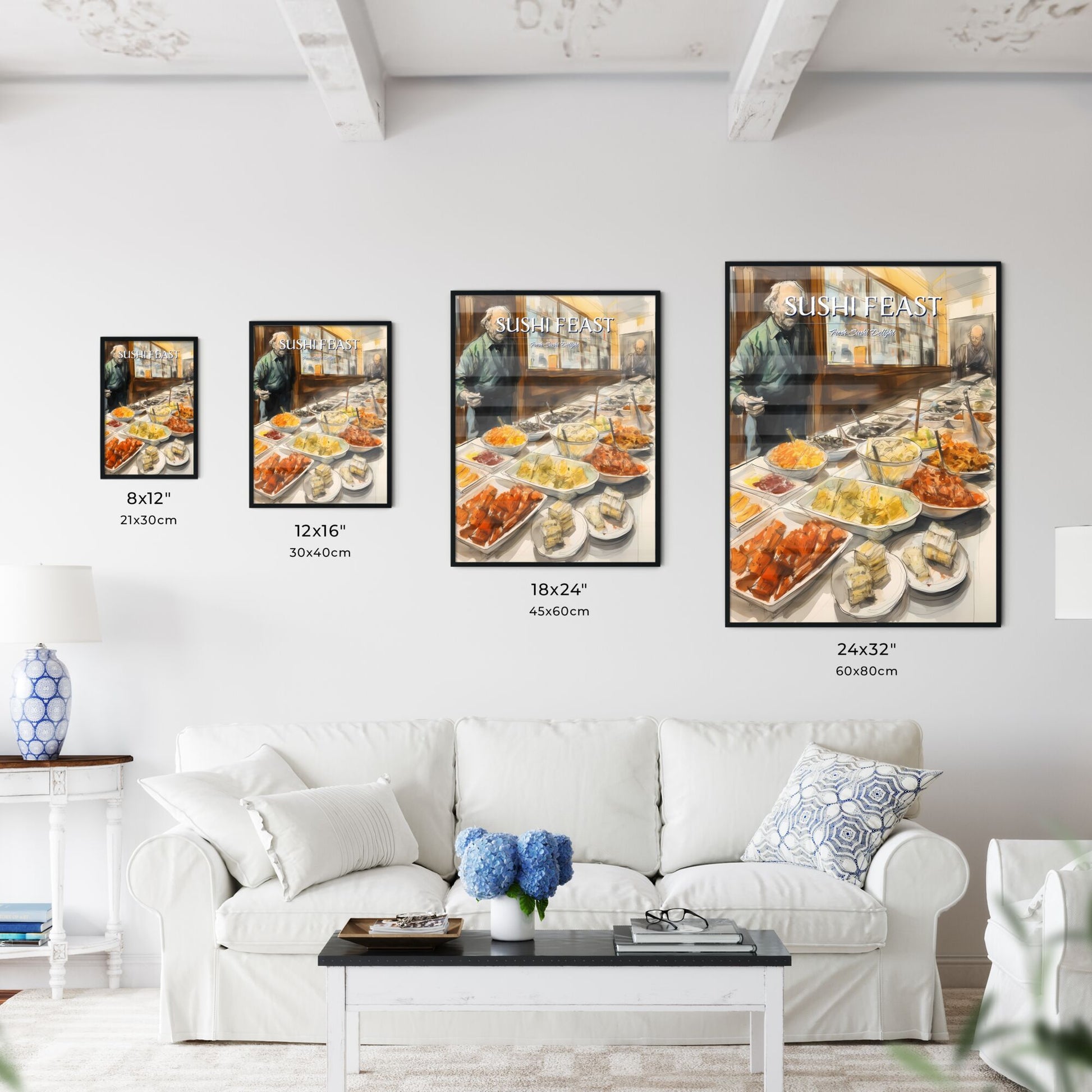 A Poster of sushi food drawing - A Man Standing In Front Of A Buffet Table Full Of Food Default Title