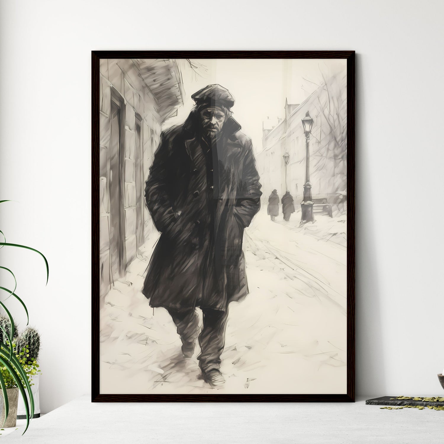 A Poster of charcoal drawing of a boshevik - A Man Walking Down A Snowy Street Framed Art
