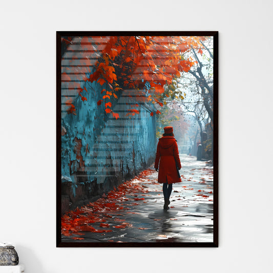 A Poster of shes walking down the sidewalk - - Framed Art Print