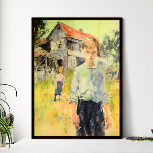A Poster of In a country side cottage yard - A Boy And Girl Walking In Front Of A House Default Title
