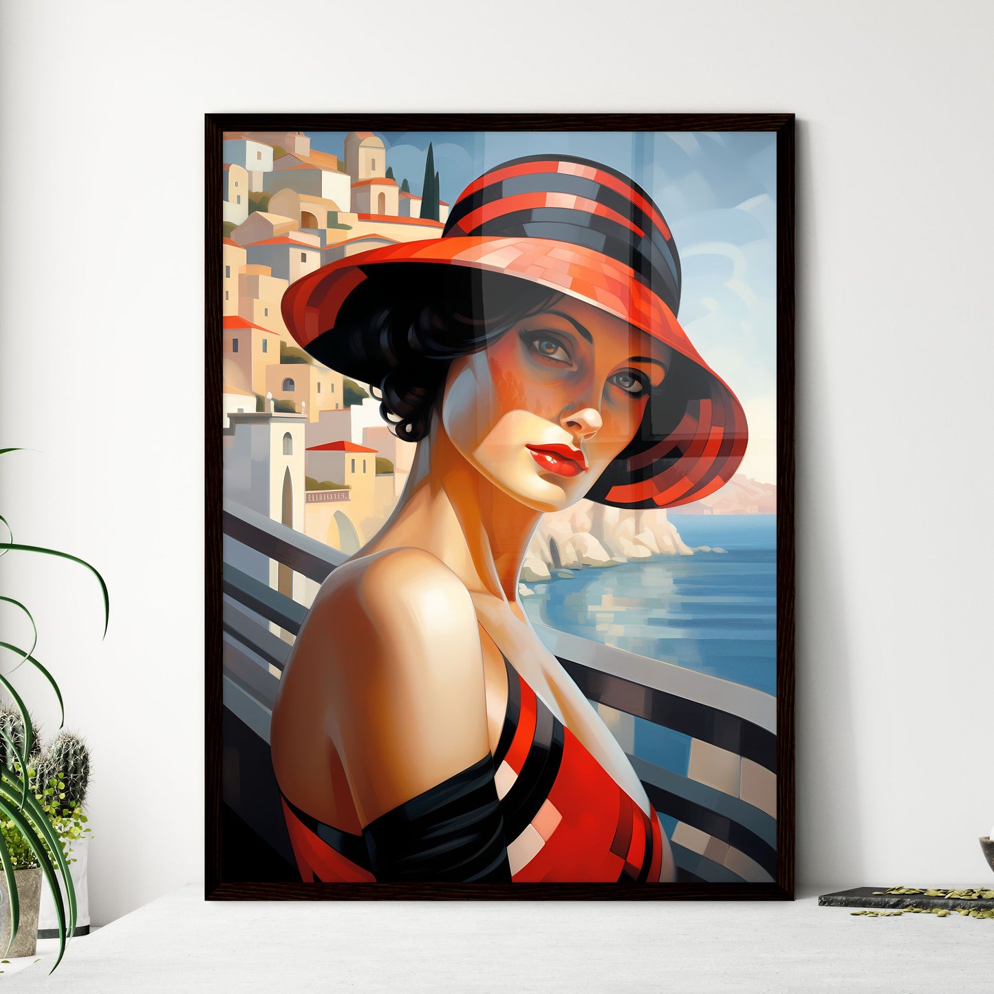 A Poster of a woman wearing a black and red  - Framed Art Print