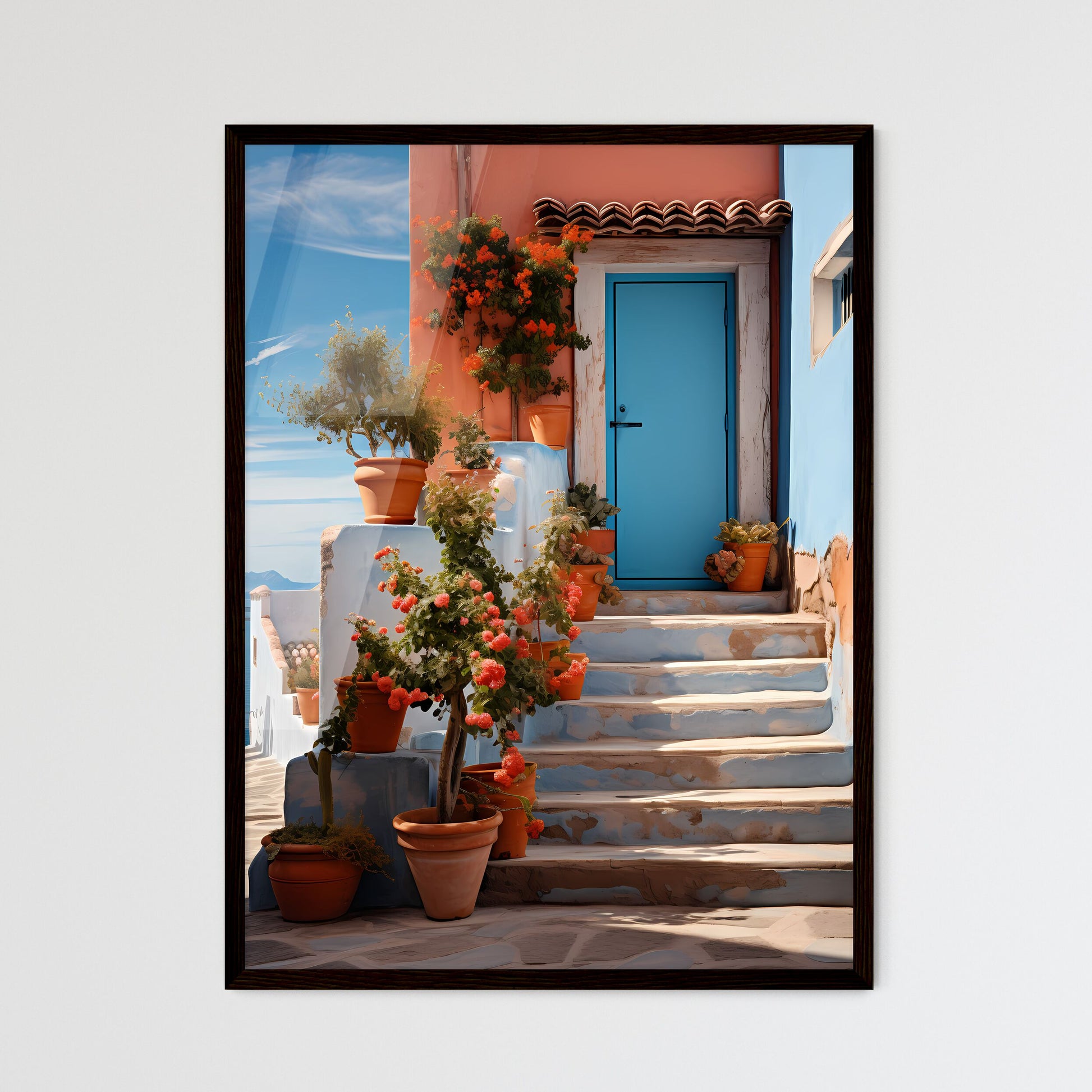 A Poster of San miguel vibrant color combinations - A Blue Door With Orange Flowers And Stairs Framed Art