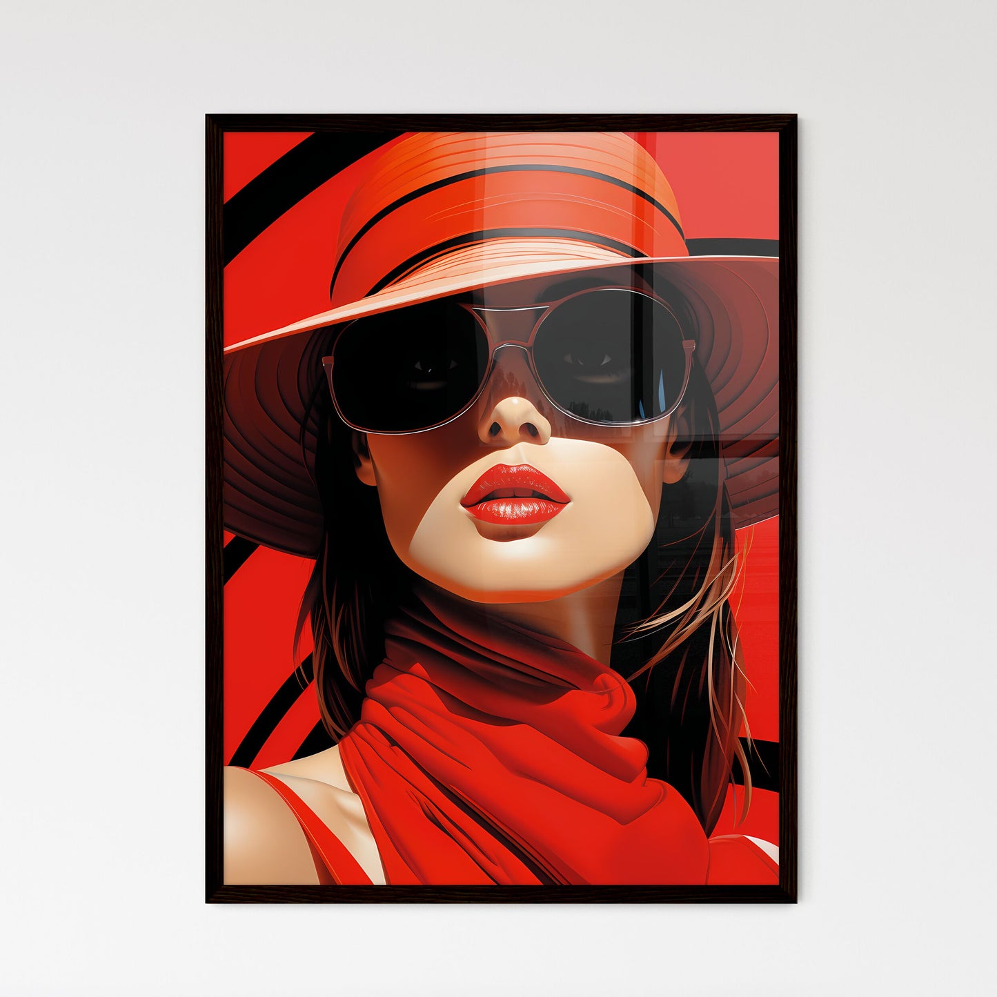 A Poster of a woman wearing a black and red  - Framed Art Print