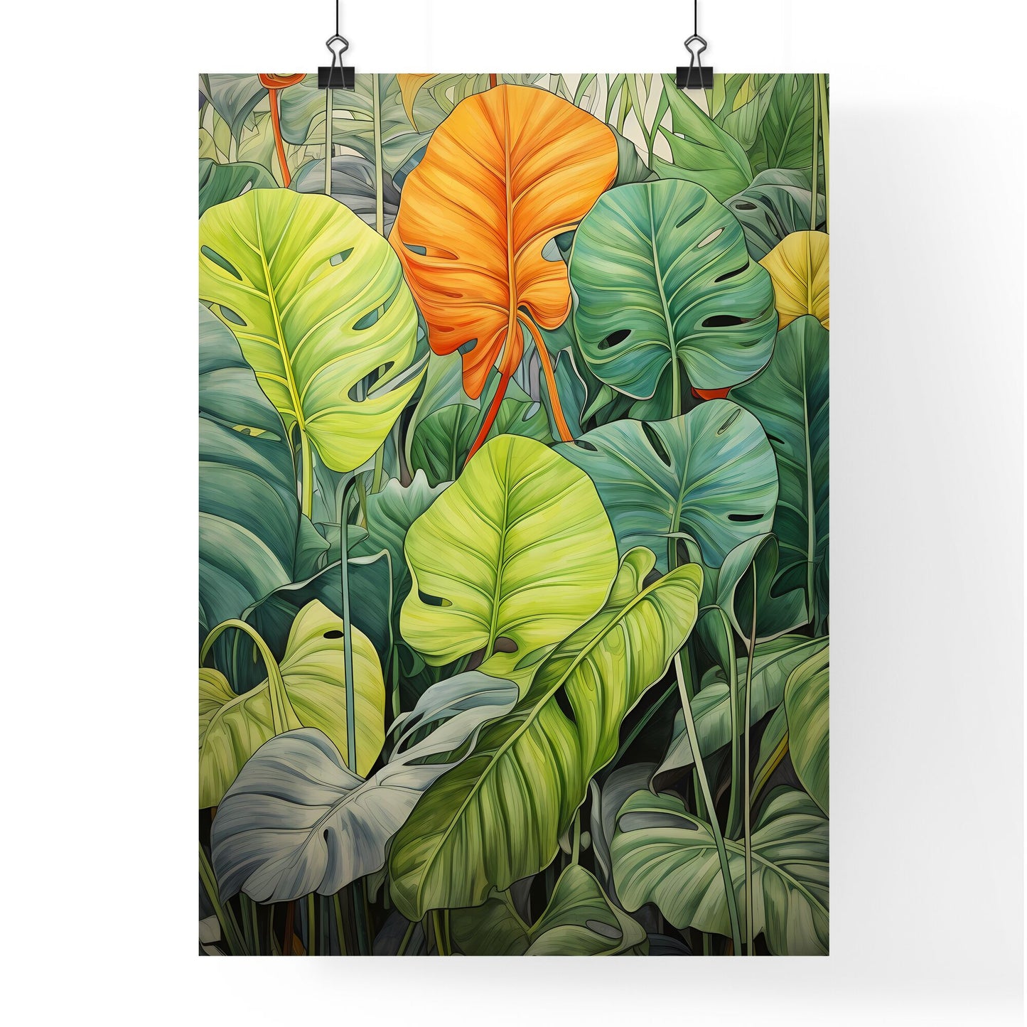 A Poster of tropical leaves - A Group Of Green And Orange Leaves Default Title