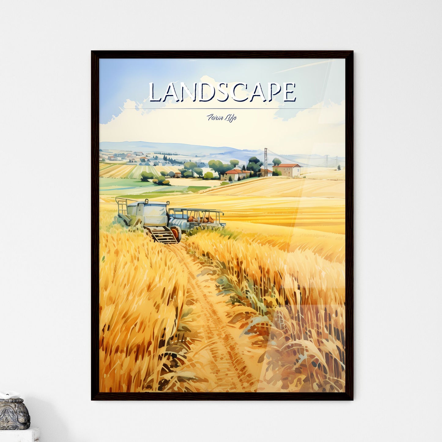 A Poster of A watercolor painting of a farml - Framed Art Print