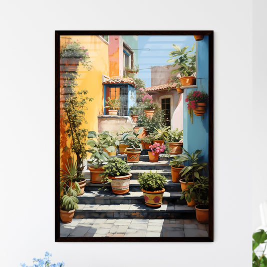 A Poster of San miguel vibrant color combinations - A Painting Of A Courtyard With Pots Of Plants Framed Art