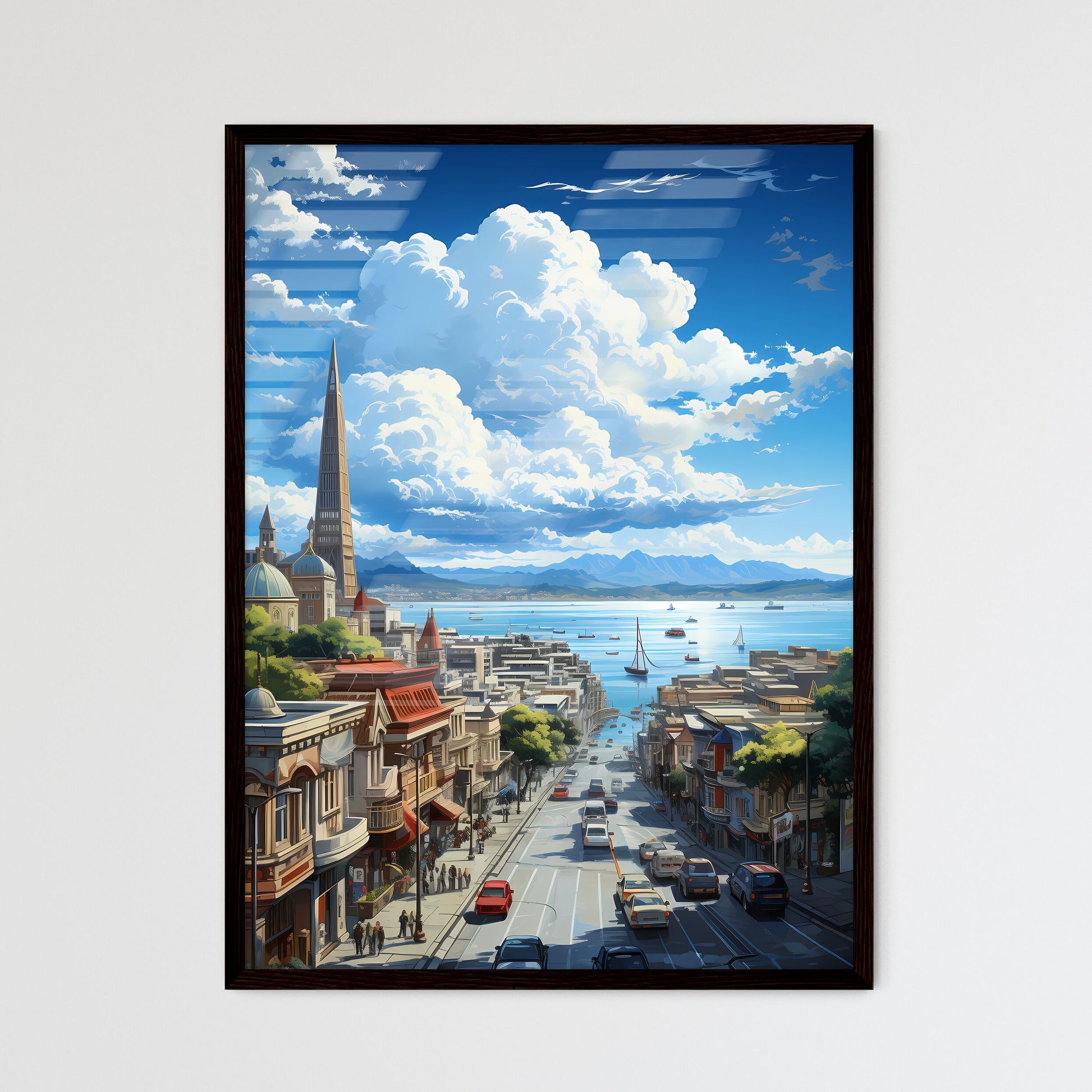 A Poster of the roofs of san francisco - A City Street With Buildings And Boats On The Water Framed Art